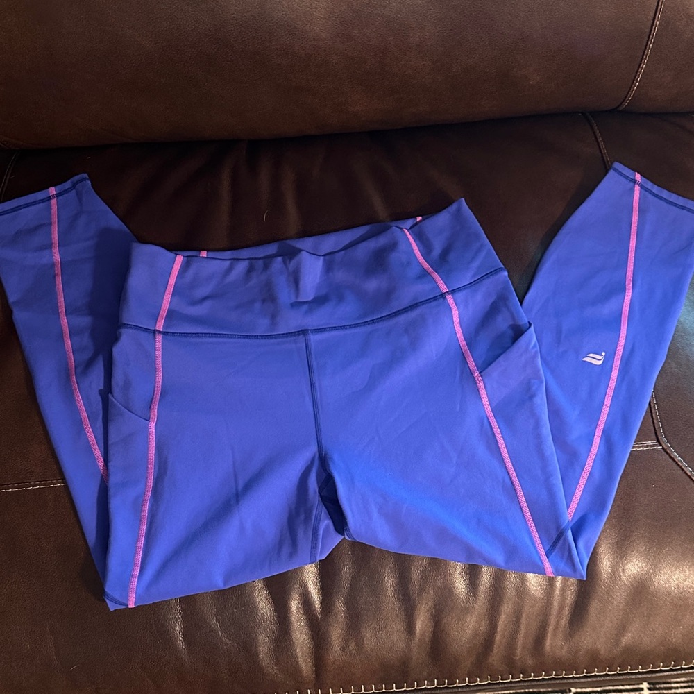 Fabletics Blue Leggings with Pink Trim